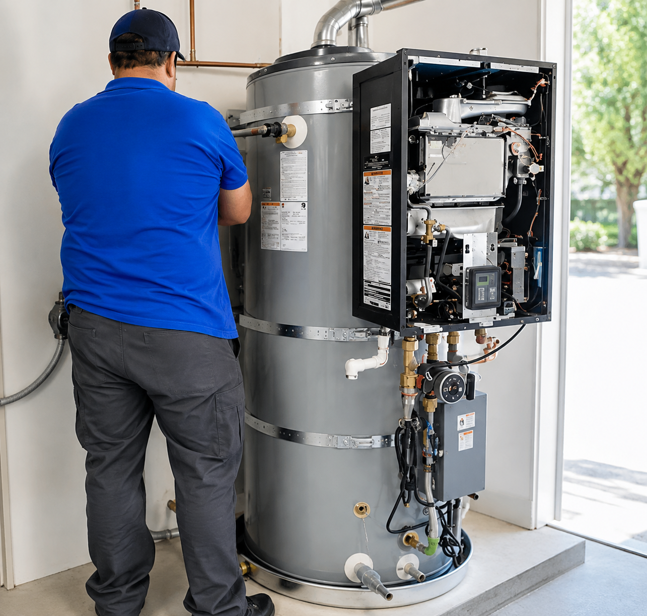 Polis Plumbing technician servicing a high-efficiency commercial water heater in San Ramon, CA