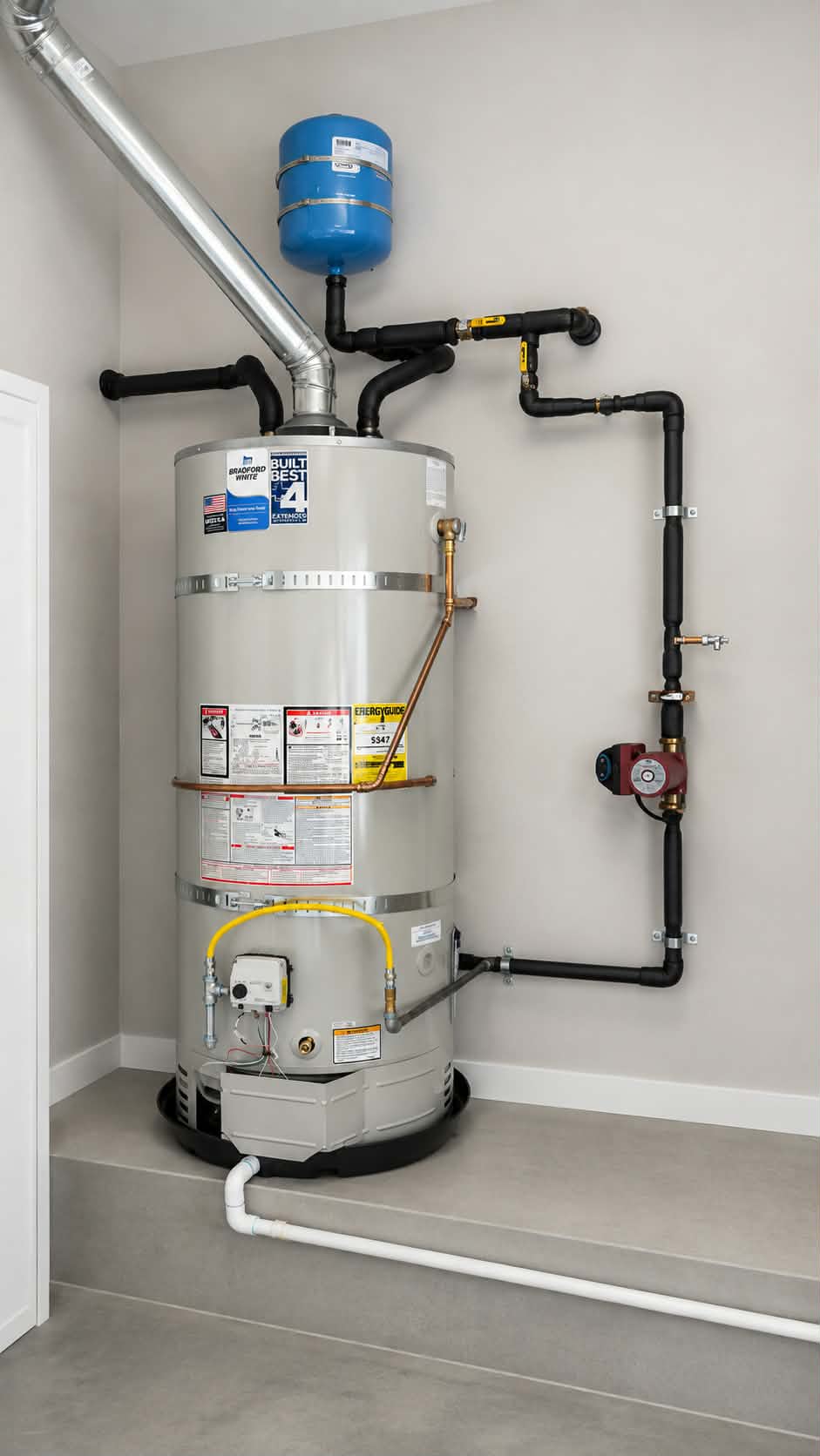 Bradford White tank water heater installed in San Ramon, CA with expansion tank, recirculation pump and seismic strapping