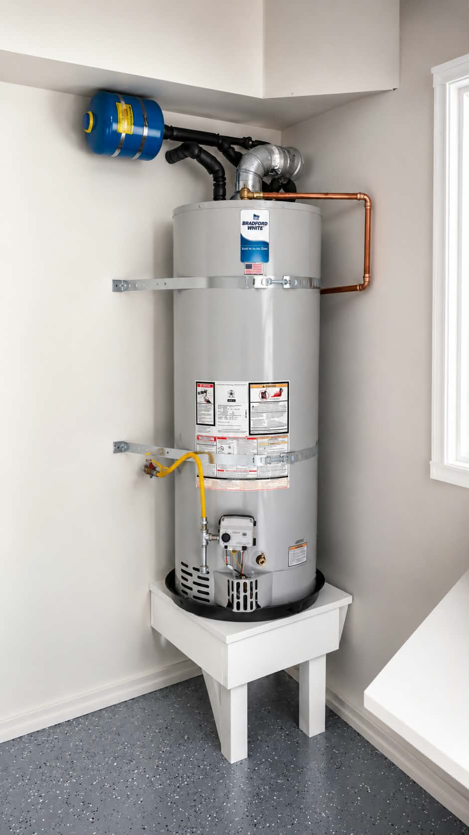 Bradford White tank water heater replacement in Walnut Creek, CA installed on a raised platform with new venting
