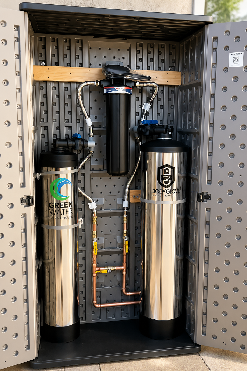Whole-house water filtration and softener system installed inside an exterior cabinet in Dublin, CA