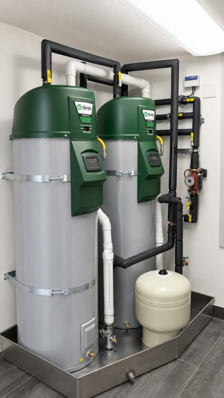 Two A.O. Smith Vertex commercial water heaters installed in Danville, CA on a stainless drain pan with insulated piping