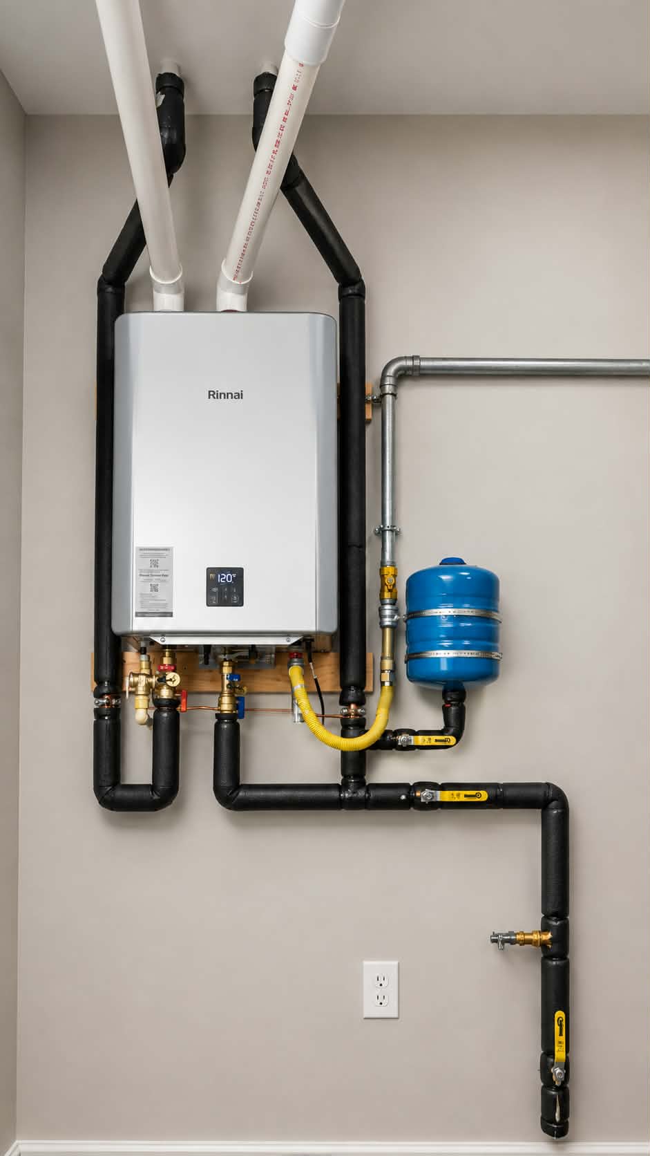 Rinnai tankless water heater installed in Alamo, CA with insulated piping, gas line and expansion tank