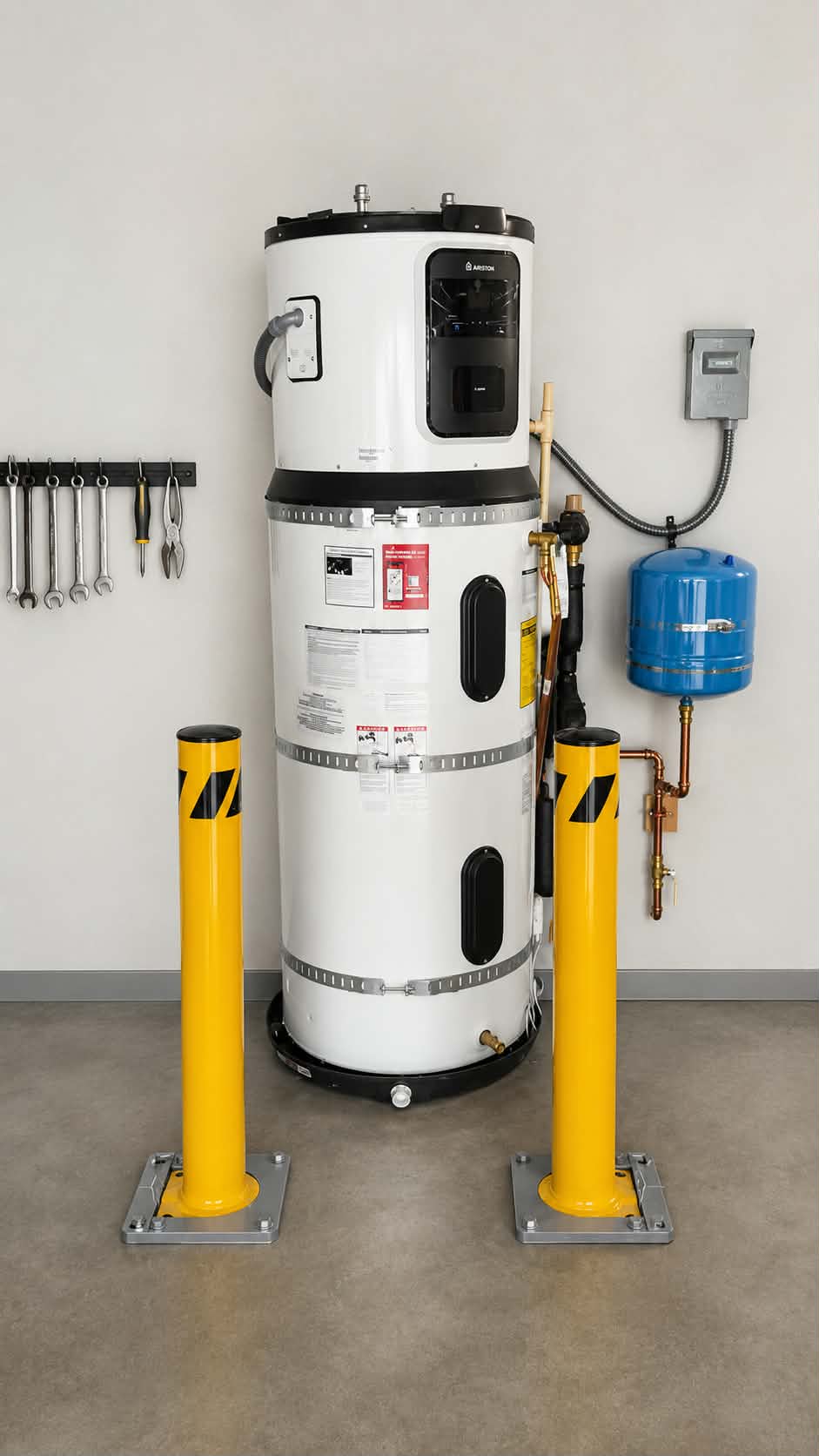 Ariston heat pump water heater installed in a Danville, CA garage with protective bollards and copper piping