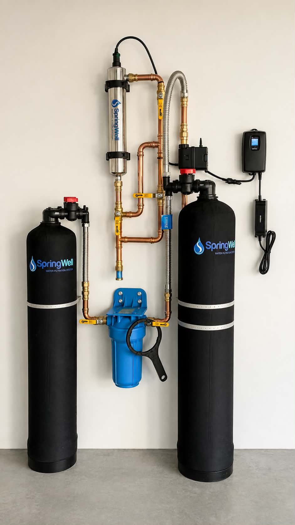 SpringWell whole-house water filtration and softener system installed in Dublin, CA with copper bypass piping