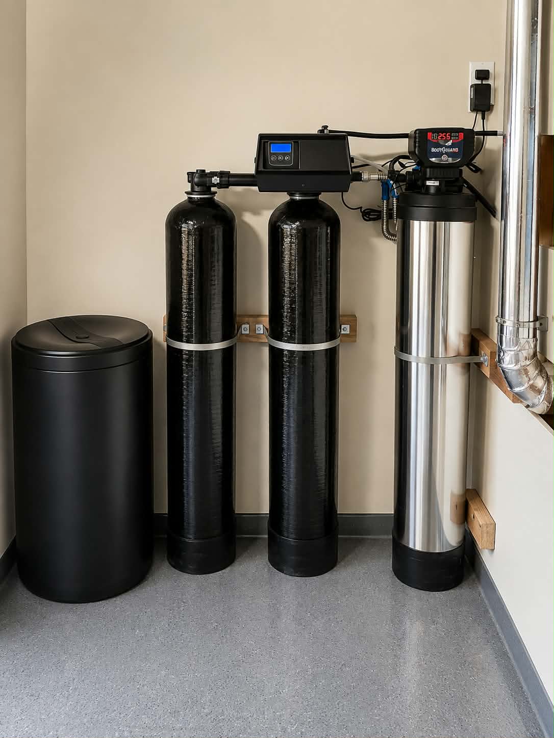 Whole-home water softener and filtration system installed in Dublin, CA with brine tank and UV sterilizer