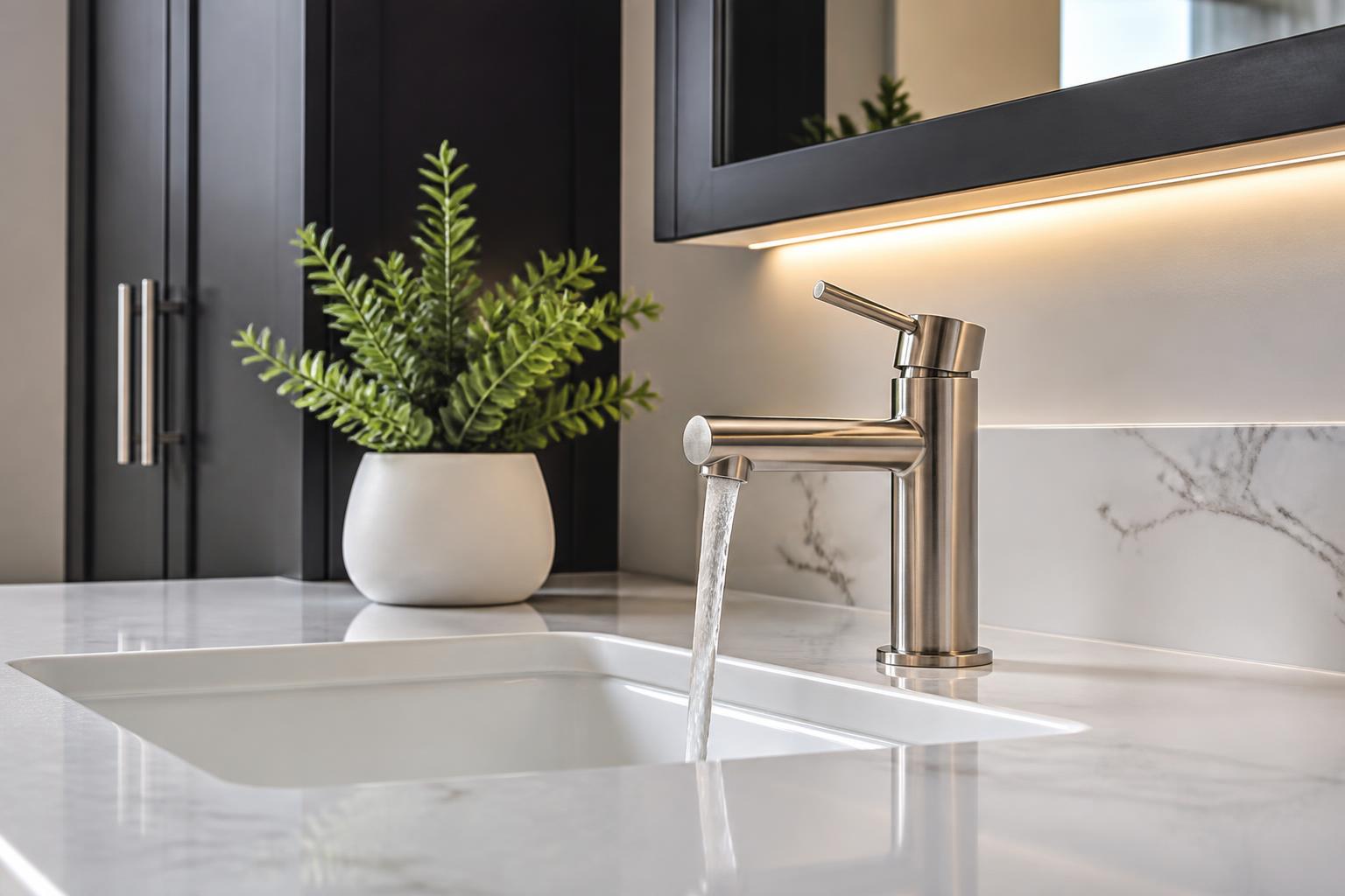 Modern brushed nickel bathroom faucet with running water on a white marble countertop, representing premium residential plumbing fixture installation