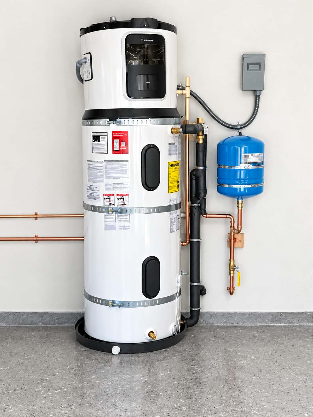 Ariston hybrid heat pump water heater installed in Alamo, CA with new copper manifold and expansion tank