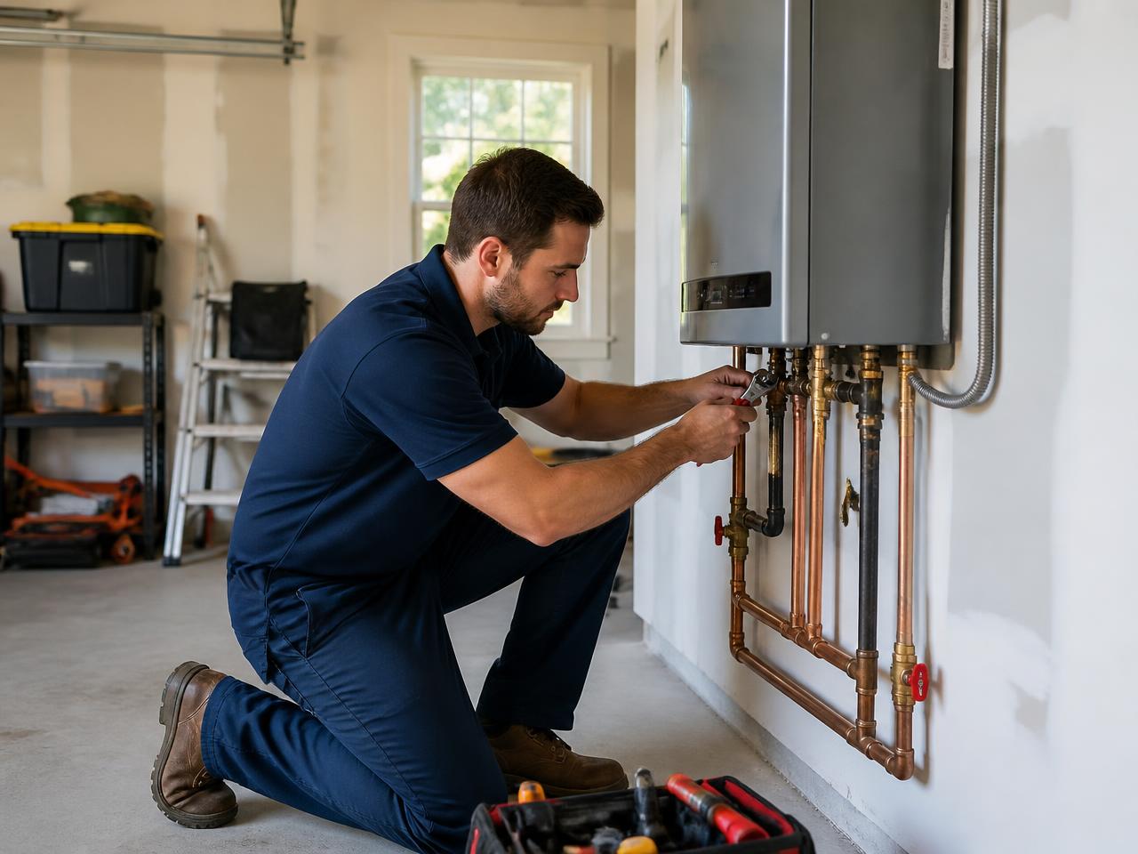 Polis Plumbing technician installing a tankless water heater in an East Bay home
