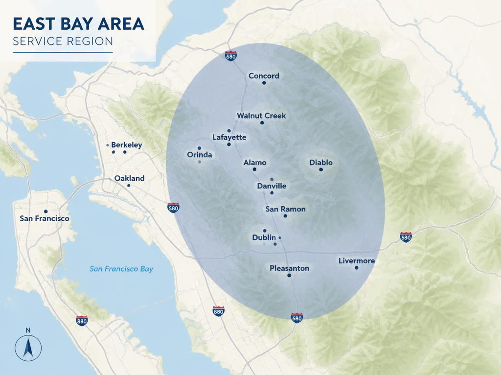 Map of Polis Plumbing service area across the East Bay