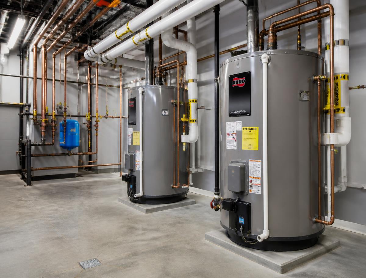 Commercial mechanical room with large commercial water heaters and copper piping