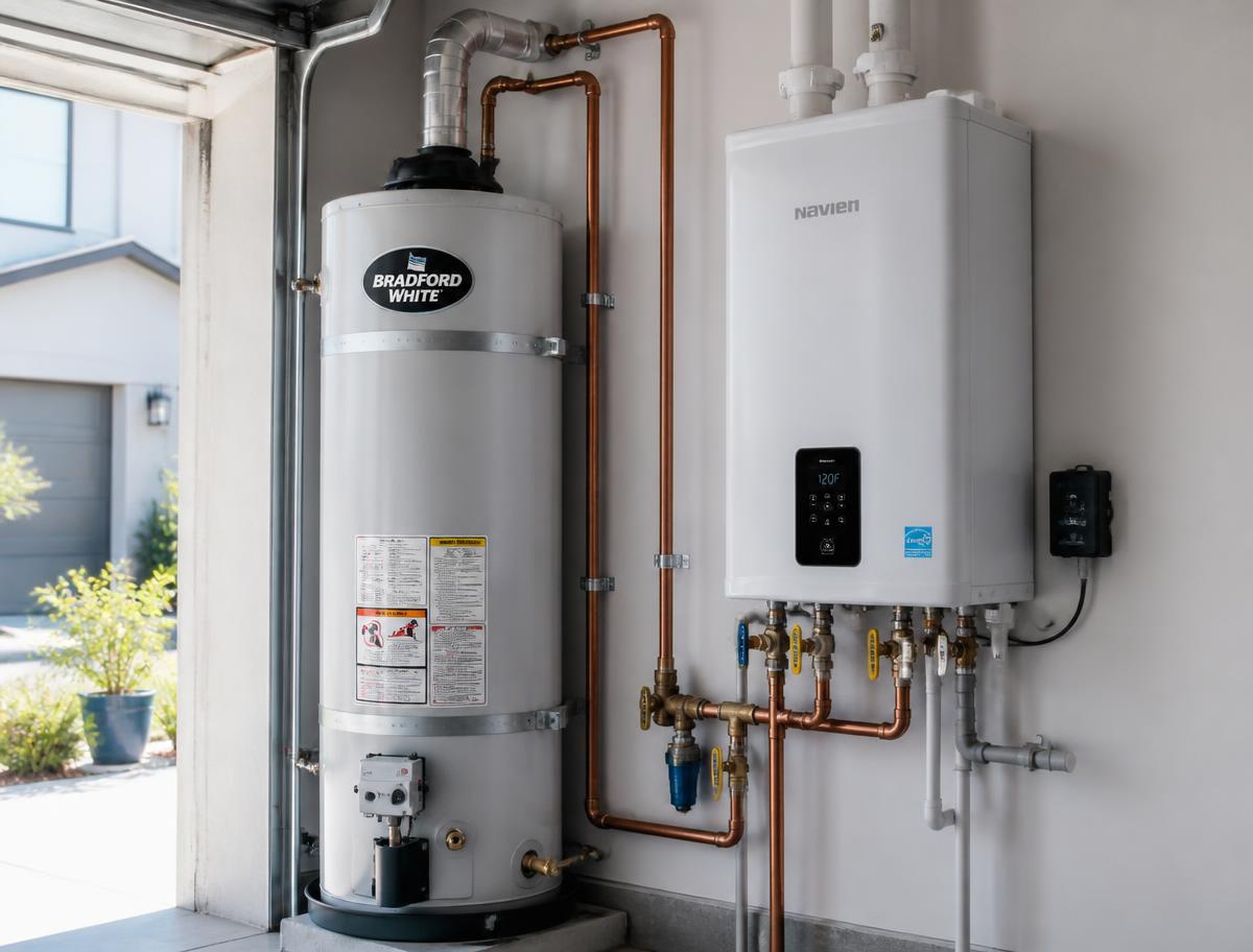 Bradford White tank water heater and Navien tankless water heater installed side by side with clean copper connections