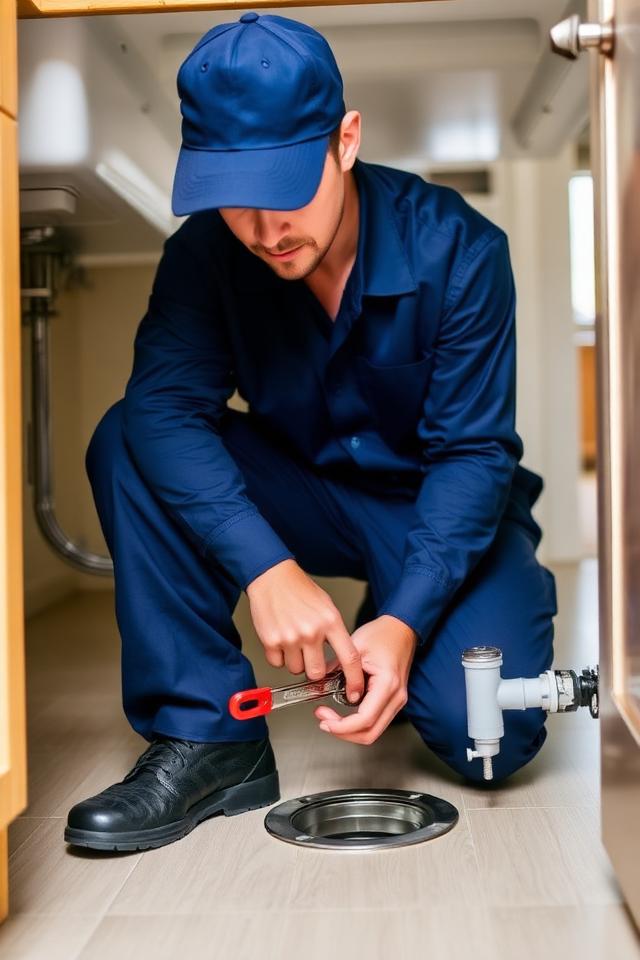 Plumber inspecting plumbing under a kitchen sink